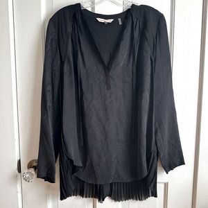 Rebecca Taylor Silk Mixed Media Split Hem Pleated Black Semi-Sheer Blouse Size S